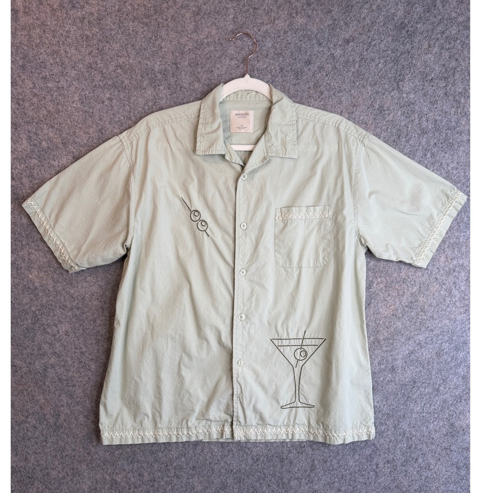 Mens Retro Bowling Camp Shirt M Martini Olive Embroidered Rockabilly Sage Green